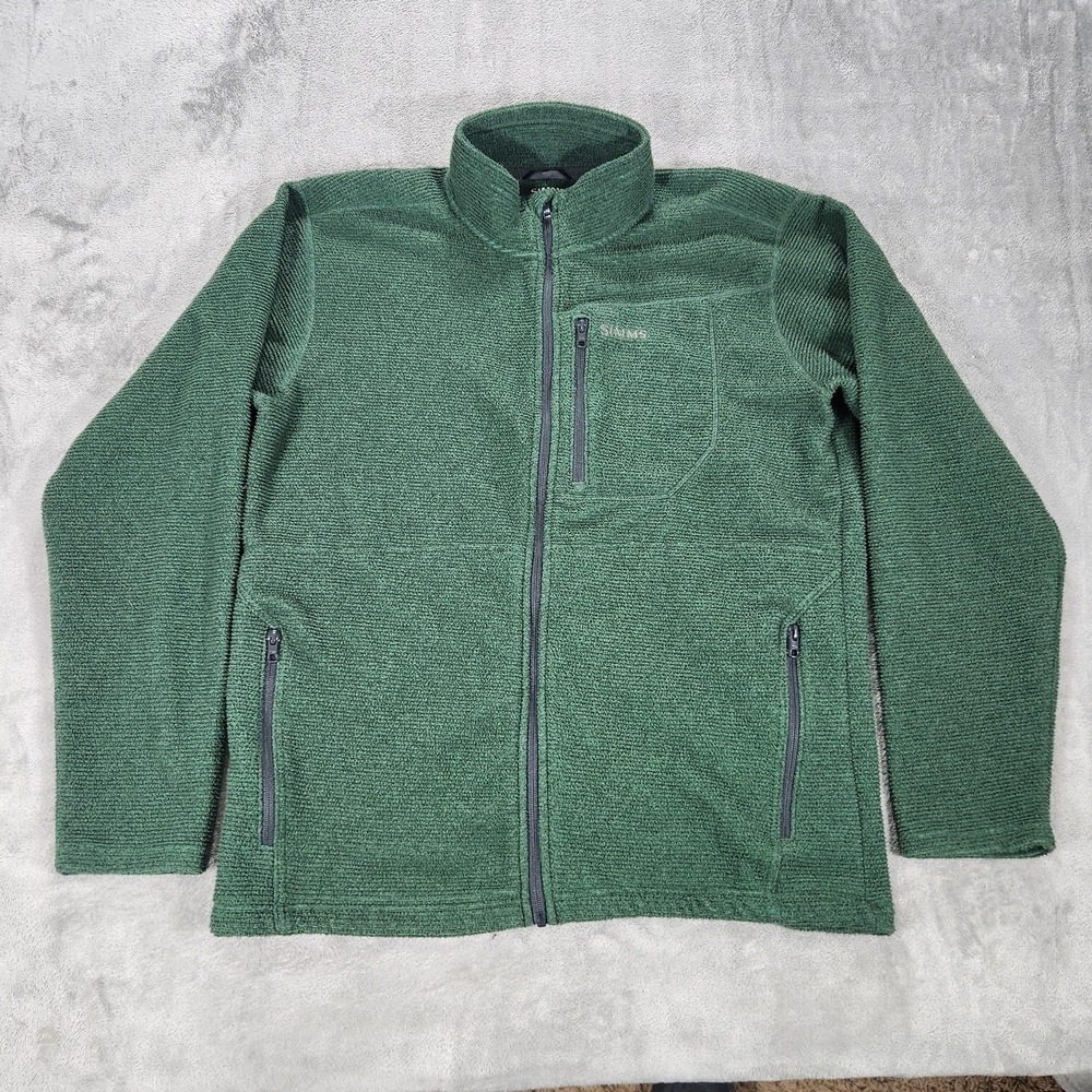 Simms Jacket Mens Large Green Fleece Full Zip Outdoor Stand Collar Pockets
